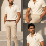 🔥 Premium Cream Off-White Polo Shirt with Navy Blue Collar – Smart Luxury Look for Bangladeshi Men | Ultra Soft Cotton