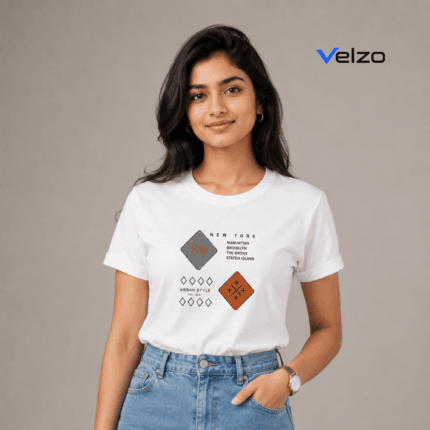 white t-shirt for women with New York graphic print - front view