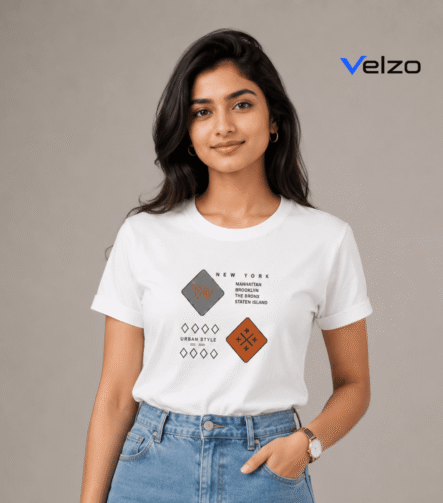 white t-shirt for women with New York graphic print - front view