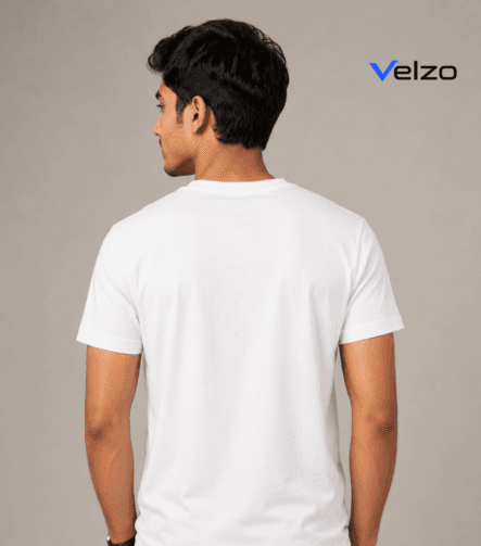 Man wearing plain white t-shirt back view, New York urban style cotton tee
