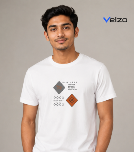 Man wearing white t-shirt with New York urban graphic print featuring Manhattan Brooklyn Bronx design, front view