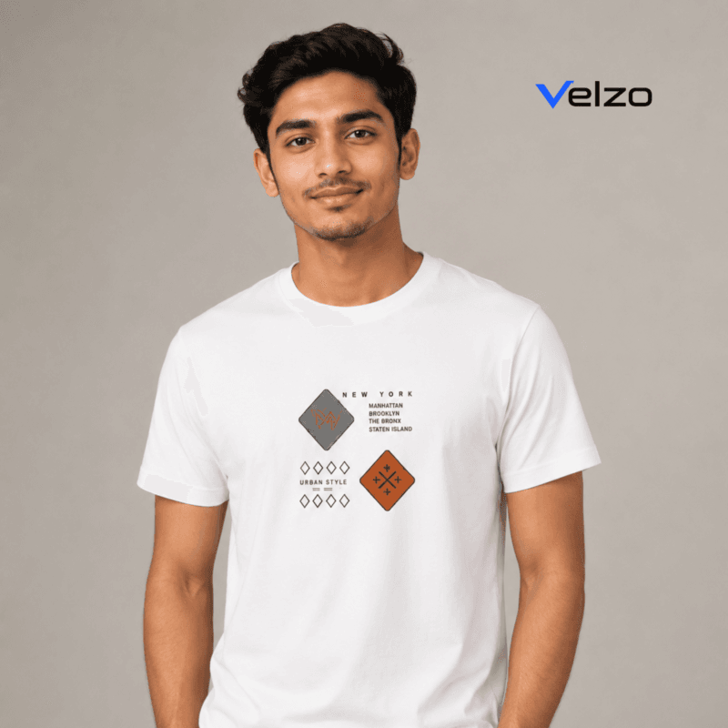 Man wearing white t-shirt with New York urban graphic print featuring Manhattan Brooklyn Bronx design, front view